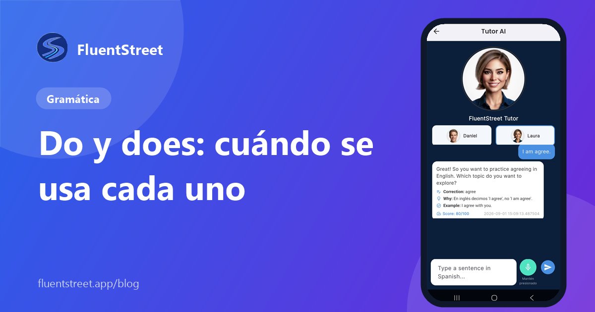 Portada: cuándo usar do y does en inglés, con una captura del tutor de IA de FluentStreet explicando gramática