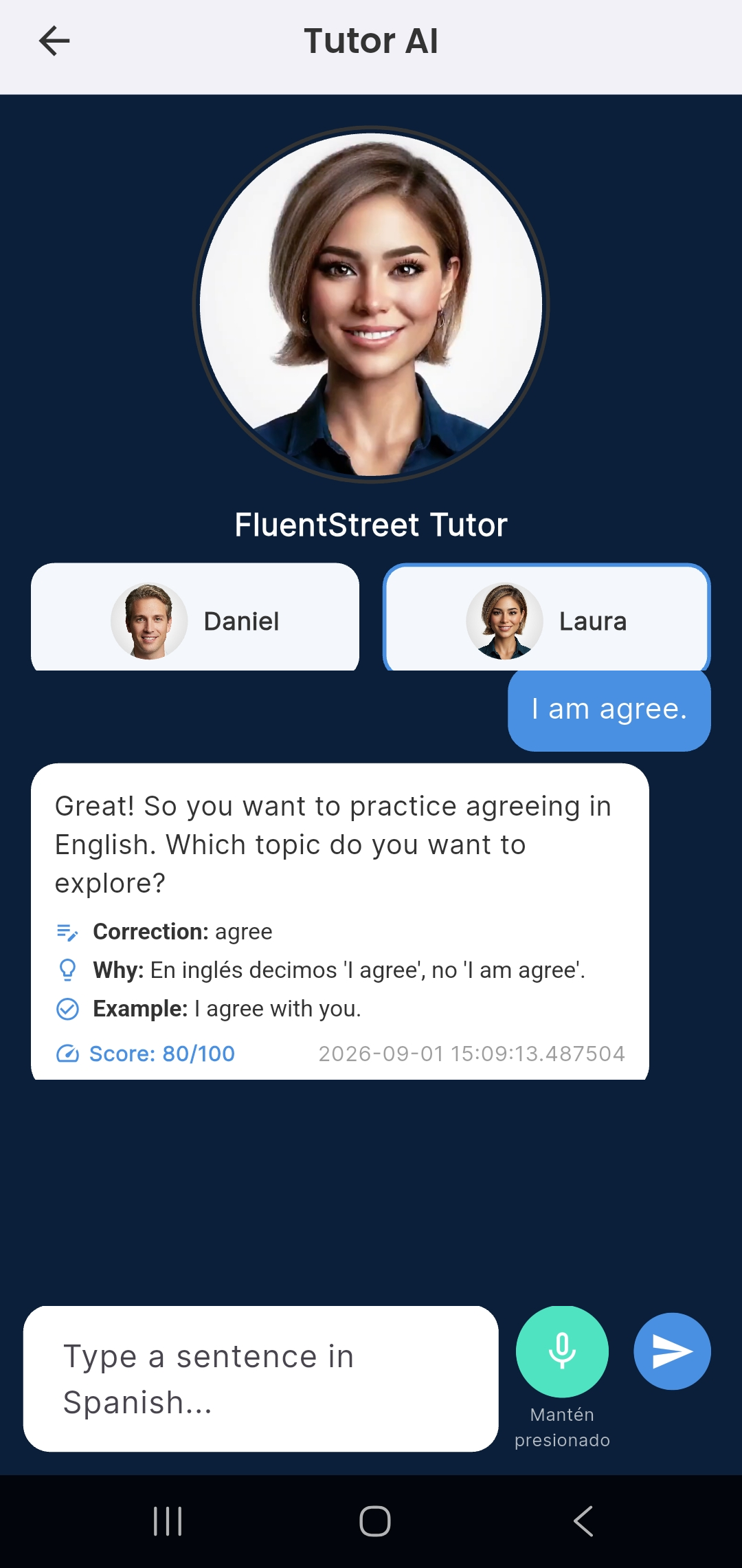 El Tutor AI de FluentStreet corrigiendo una frase con explicación